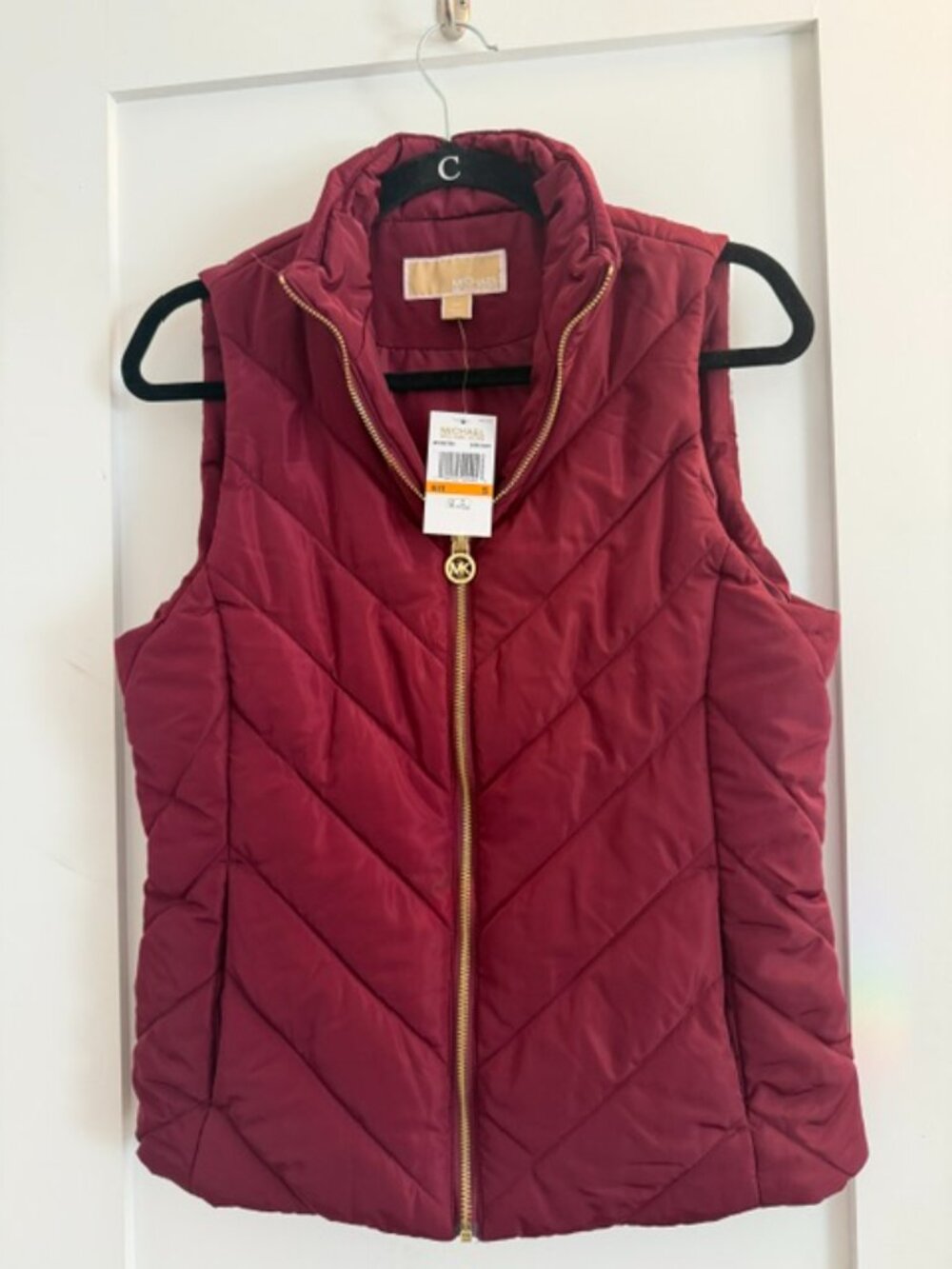 NWT Michael Kors Chevron Quilted Puffer Vest Maroon Burgundy Gold Hardware Small
